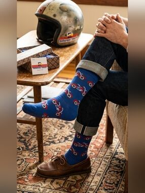 Men's Novelty Socks Blue Motorcycle Pattern Size 10-13 Brand New Casual Gift